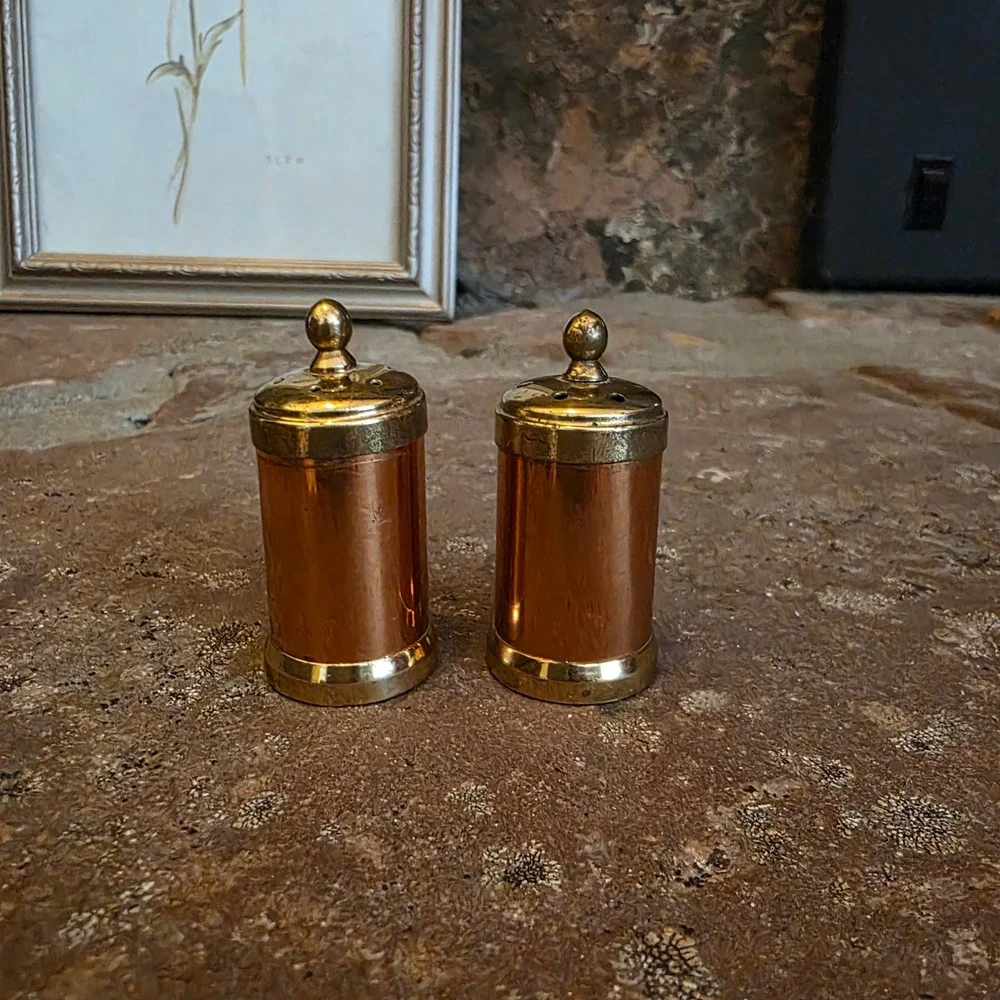 Vintage Made in Italy Copper and Brass Salt and Pepper Shakers Set Mini MCM